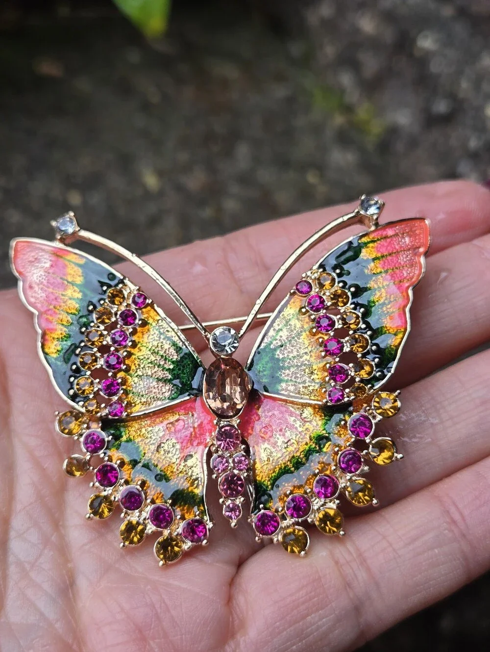 Napier Multicolor Butterfly Brooch with Pink, Green and Gold Tones